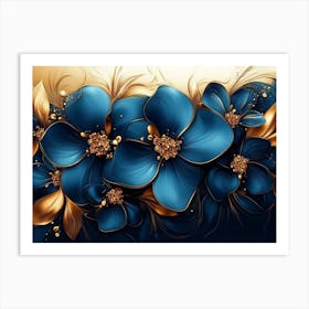 Abstract Background with Gold and Blue Flowers, Modern Luxury Art Print