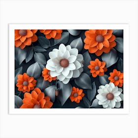 3d Colorful Flowers With Leaves Seamless Pattern, Orange And White Dahlia Flowers, Grey Art Print