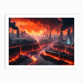 Cyberpunk city with lava and river 3 Art Print