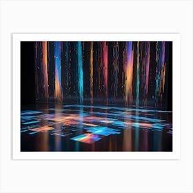 An Empty Room With A Single Wall Covered In Vertical Lines Of Colorful Light Art Print