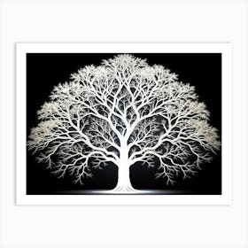 White Tree Silhouette On Black Background Art Print