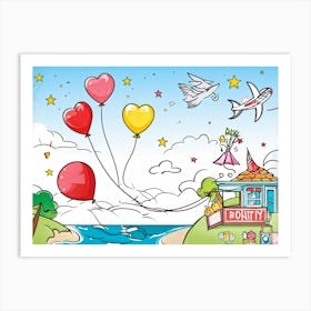 An Illustrated Idea Of A Birthday Party On The Beach Cartoon Valentine Balloons Hand Drawn Vector (2) Art Print