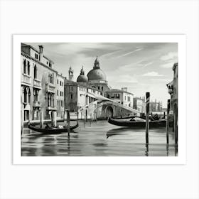 Gondolas on the Gran Canal in Venice, Italy. AI generated in black and white. 1 Art Print