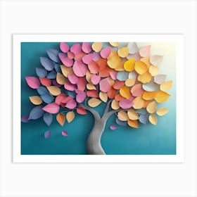 Colorful Tree with Leaves on Hanging Branches Illustration Background 3d Abstraction Artwork Floral Tree Art Print