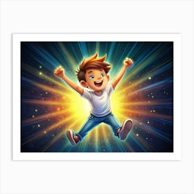 Happy Boy Jumping With Joy Cartoon Illustration Art Print