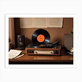 A Vintage Record Player With A Vinyl Record, Surrounded By Other Vintage Audio Equipment, Books, And Headphones, Creating A Nostalgic Atmosphere 1 Art Print