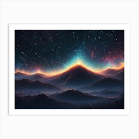 A Landscape Of Dark Mountains With A Glowing, Fiery Eruption On The Peak Of The Tallest Mountain Art Print