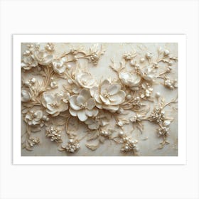 An Ornate 3d Featuring a Cascade of Pearl Flowers Over a Vintage European Tapestry Art Print