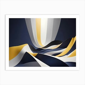 3d Render Of Abstract Blue, White And Gold Waves Or Ribbons Art Print