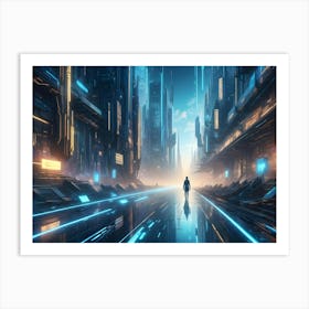 A Futuristic Cityscape With A Lone Figure Walking Down A Glowing Road Art Print