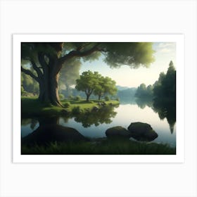 Reflections Of Verdant Trees In Lakeside View Art Print