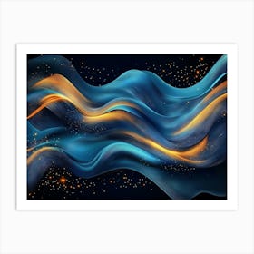 Abstract Blue And Gold Wave Design With Fluid Lines And Glowing Stars On A Dark Art Print