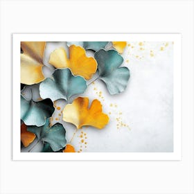 A 3d With Ginkgo Leaves in Turquoise and Golden Tones on a Light Gray Art Print