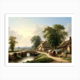 A Village Scene With A Bridge Art Print