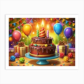 Festive Chocolate Cake With Candles And Balloons Art Print