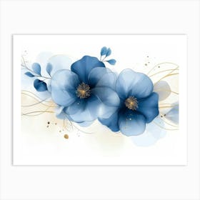 Elegant Abstract Blue Flowers with Golden Line Art Design Art Print