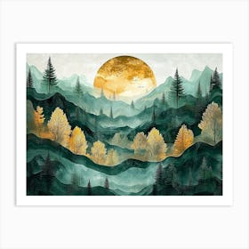 3d Abstract Depiction Of A Dark Green And Golden Forest Art Print