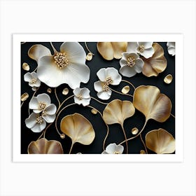 3d Floral Art with Golden Ginko Biloba Leaves and White Flowers on Black Background Art Print