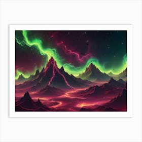 Surreal Landscape With Glowing Green Aurora Borealis Illuminating Jagged Mountains And A Molten River, Set Against A Dark, Starry Sky Art Print