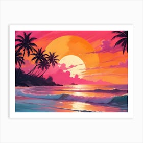 Tropical Sunset With Palm Trees And Ocean Waves Art Print