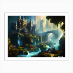 A Mystical Castle By The Waterfalls - Colorful Painting Art Print