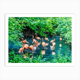 Flamingos in a Tranquil Lagoon. A serene scene of vibrant pink flamingos wading and interacting in a lush, green lagoon surrounded by dense foliage. The water reflects their elegant forms, creating a harmonious connection between nature and wildlife. 8 Art Print