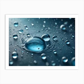 Close Up View Of Water Droplets On A Blue Surface, With One Large Droplet Creating Ripples In The Surface Art Print