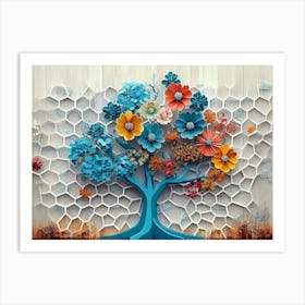 Turquoise Tree On Oak Wood with a White Lattice, Colorful Hexagonal Florals Art Print