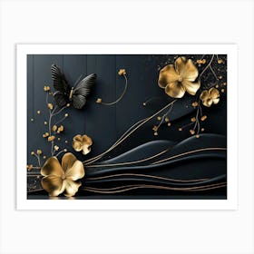 3d Abstract Black Background with Golden Flowers Lines and Butterfly Art Print