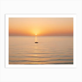 A Solitary Boat Sailing On A Calm Sea At Sunset Art Print