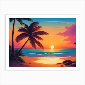 A Tranquil Beach At Sunset Horizontal Illustration 30 Art Print
