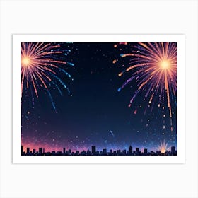 Two Large Fireworks Exploding In The Night Sky Over A Cityscape, Creating A Colorful Display Of Red, Orange, Blue, And Purple Hues Art Print