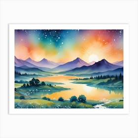 A Watercolor Painting Of A Mountain Landscape With A Lake, Trees, And A Vibrant Sunset Art Print