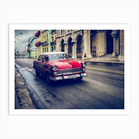 Red Car Driving Urban Havana Art Print