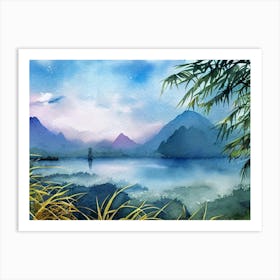 Serene Dusk At Misty Lake  Art Print