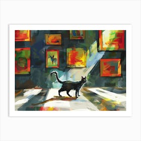 Black Cat In The Library - Wandering In The Exhibition Room Art Print