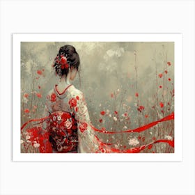 Geisha Grace: Elegance in Burgundy and Grey. Chinese Woman In Red Dress 1 Art Print