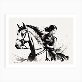 Mongolian Women Horserider - Black And White Drawing Art Print