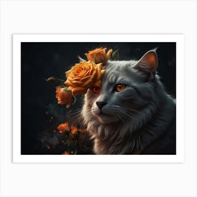 Cat With Roses Art Print