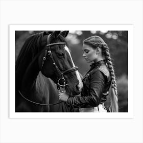 Woman In Fitted Black Leather Jacket White Breeches Holding Reins Gentle Lean On A Majestic Black Art Print