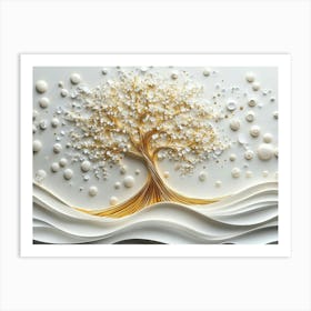 3d Art White and Gold Tree Life, 3d Gold Tree and White Circles Art Print