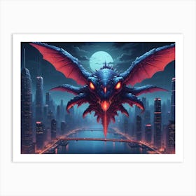 A Large, Menacing Dragon With Glowing Eyes Hovers Over A Futuristic Cityscape, Suggesting A Fantastical Or Apocalyptic Scenario Art Print