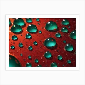 Macro Shot Of Turquoise Water Droplets On A Textured Red Surface, Creating A Captivating Abstract Pattern With Contrasting Colors Art Print