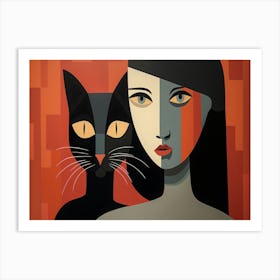 Portrait Of A Woman And Cat Art Print