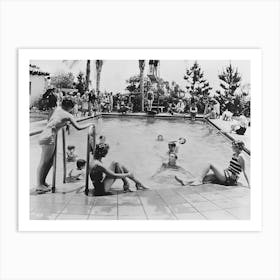 People In a Pool, Summer, Vintage Black and White Old Photo Art Print