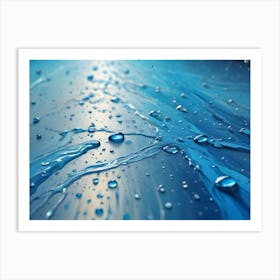 A Macro Photograph Of Water Droplets On A Blue Surface With A Light Source Shining Through Art Print