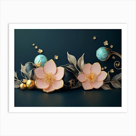 3d Illustration Background With Golden Jewelry And Flowers 1 Art Print