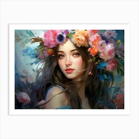 Upscaled An Oil Painting Of A Beautiful Woman With Flowers On Her 5 Art Print