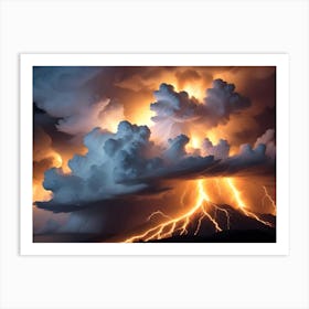 Lightning Strikes From A Storm Cloud Down To A Volcano Art Print