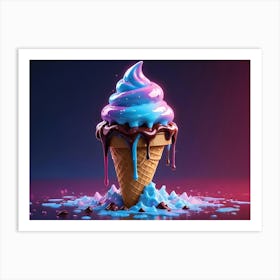 An Ice Cream Cone With Blue And Pink Swirls Of Ice Cream And Chocolate Sauce Dripping Down Is Melting On A Reflective Surface Art Print